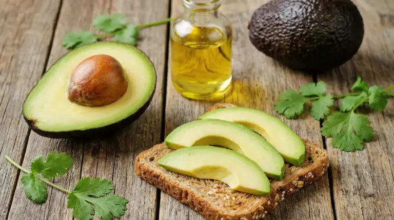 Fette di avocado su pane integrale con mezzo avocado, olio e foglie verdi su tavolo di legno