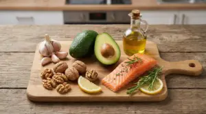 Ingredienti salutari come salmone, avocado, aglio, noci e olio su un tagliere in cucina