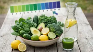 Ciotola con verdure verdi e agrumi accanto a una caraffa di acqua con limone e un bicchiere di succo verde