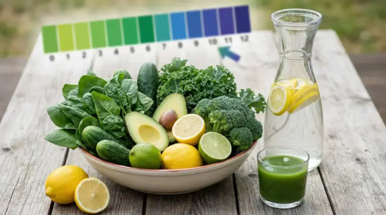 Ciotola con verdure verdi e agrumi accanto a una caraffa di acqua con limone e un bicchiere di succo verde