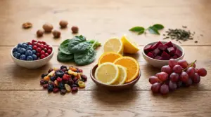 Frutta, verdura e frutta secca ricche di antiossidanti naturali disposte su un tavolo in legno