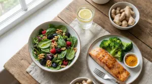 Piatto con salmone, broccoli, curcuma e insalata con noci e frutti di bosco su tavolo di legno