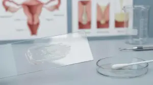 Campione di muco vaginale su vetrino con strumenti da laboratorio sullo sfondo
