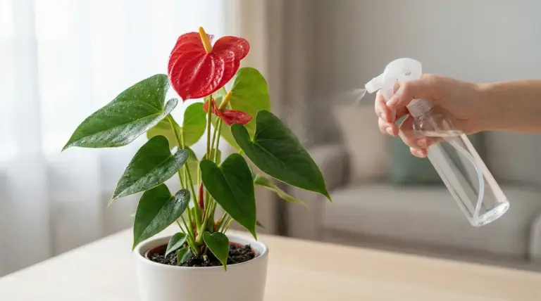 Pianta di anthurium in vaso viene vaporizzata con acqua da una mano