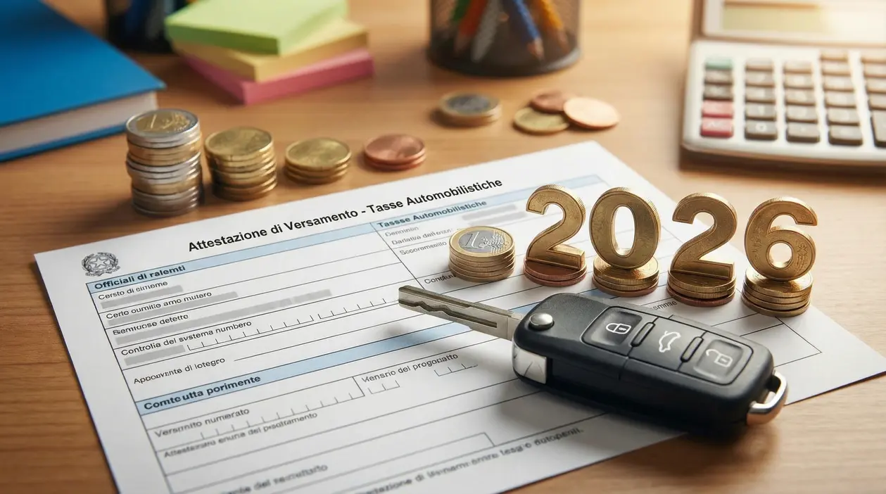 Chiavi auto, monete e documento per il pagamento del bollo con numeri 2026 su una scrivania