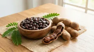 Semi di tamarindo in una ciotola di legno accanto a baccelli e foglie fresche