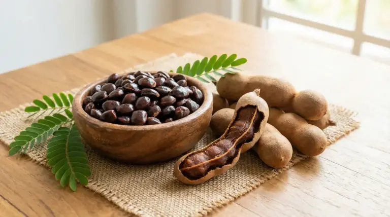 Semi di tamarindo in una ciotola di legno accanto a baccelli e foglie fresche