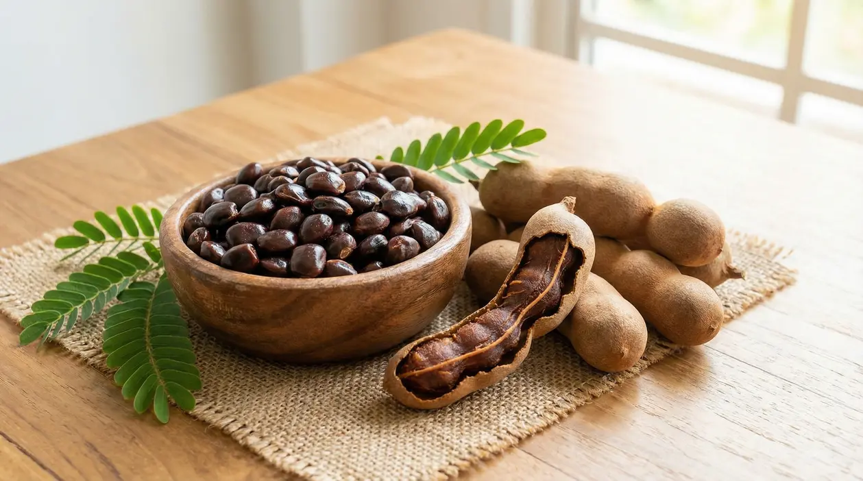Semi di tamarindo in una ciotola di legno accanto a baccelli e foglie fresche