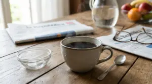 Tazza di caffè fumante su un tavolo con giornale, cucchiaino e frutta