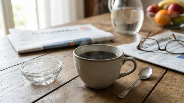 Tazza di caffè fumante su un tavolo con giornale, cucchiaino e frutta