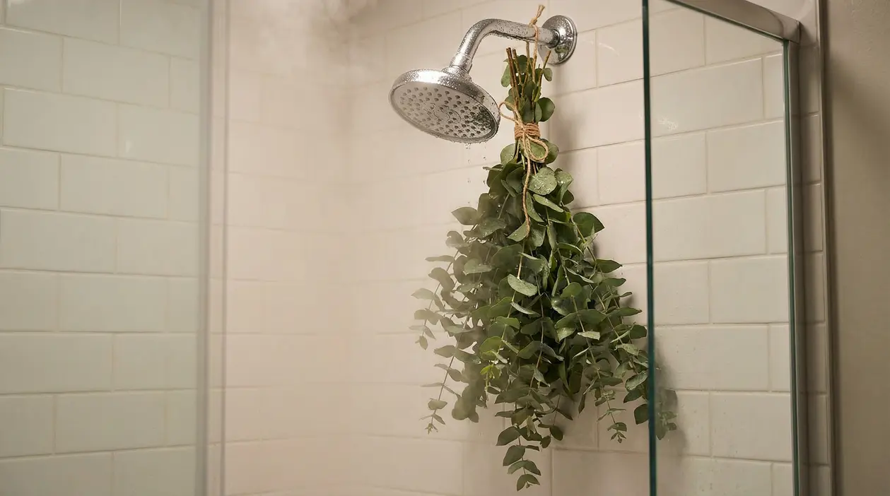 Rametto di eucalipto appeso al soffione della doccia in un bagno con piastrelle bianche