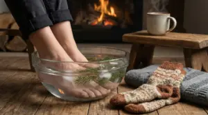 Piedi immersi in una bacinella con acqua fredda, rami di pino e ghiaccio vicino a un caminetto acceso