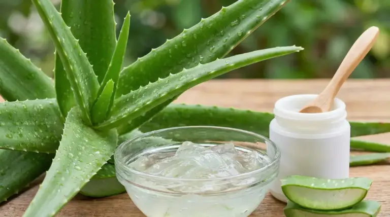 Foglie di aloe vera con gel in ciotola di vetro e crema in barattolo su tavolo di legno