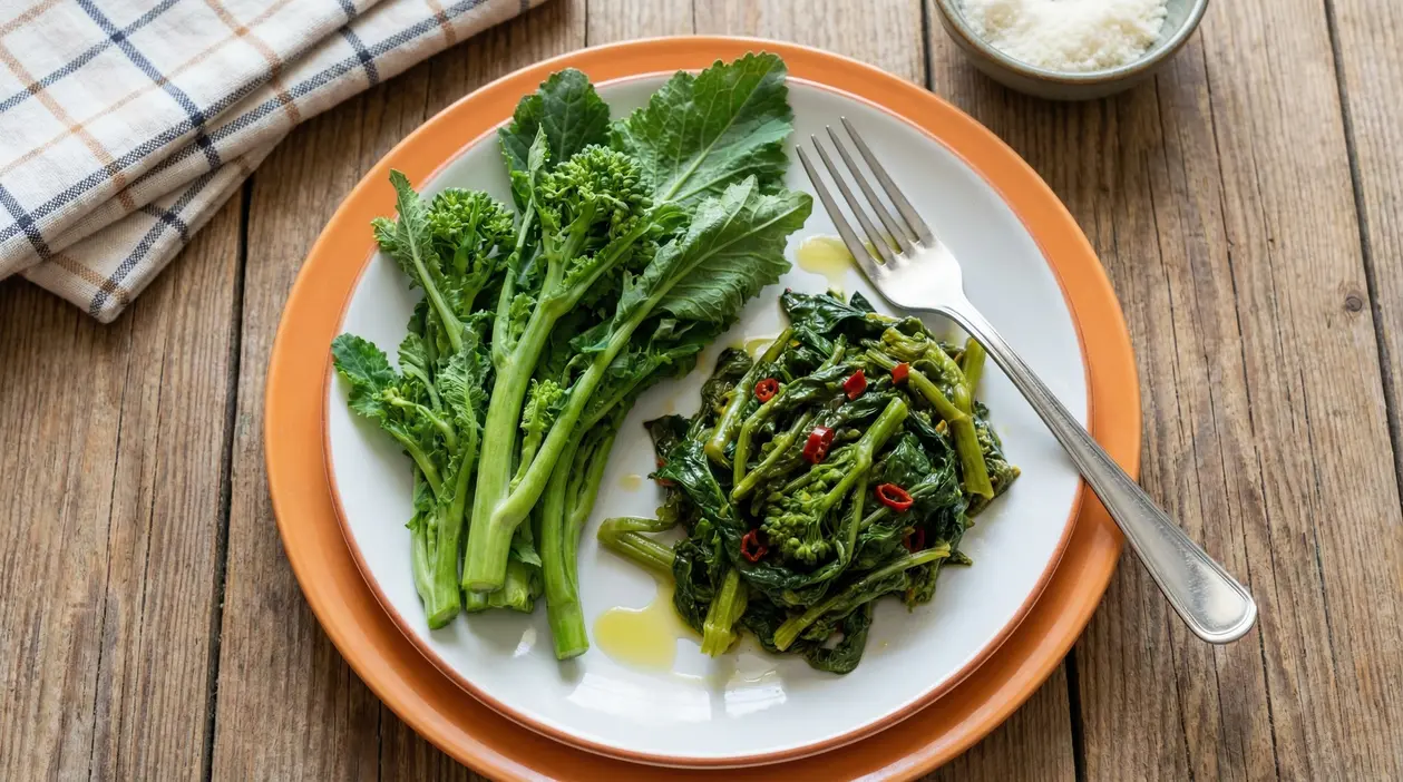 Piatto con cime di rapa crude e cotte condite con olio e peperoncino