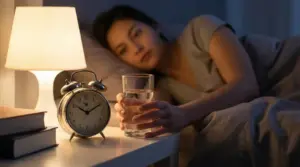 Persona sdraiata a letto mentre afferra un bicchiere d'acqua dal comodino di notte