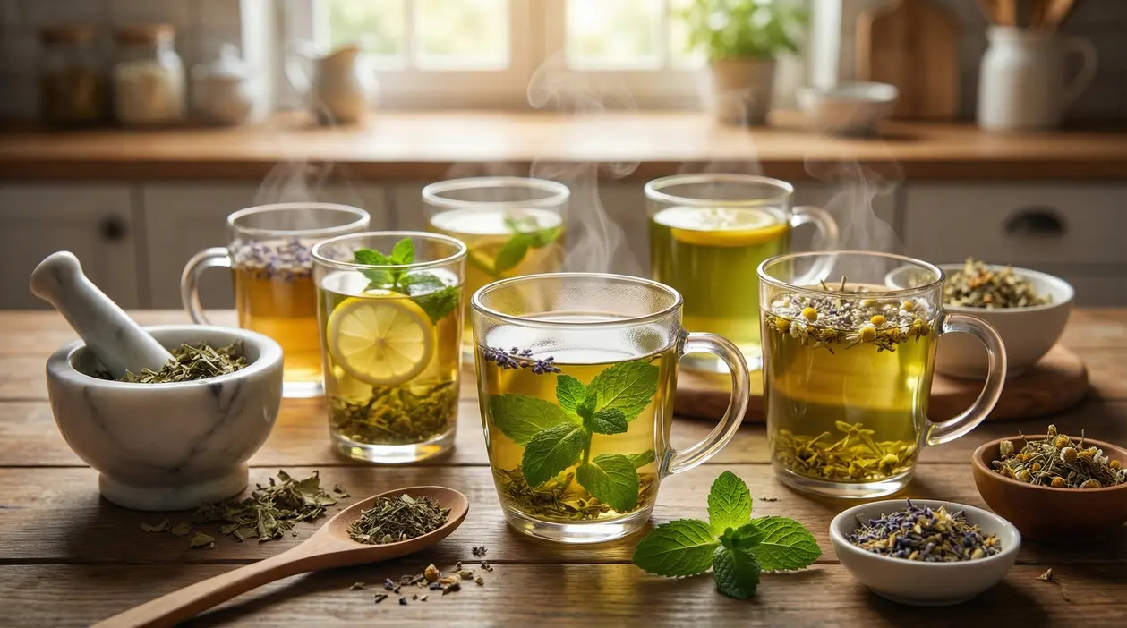 Tazze di tisane calde con erbe aromatiche su un tavolo di legno in cucina