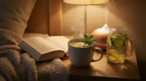 Tazza di tisana calda con limone e menta accanto a un libro e una bevanda detox su un comodino