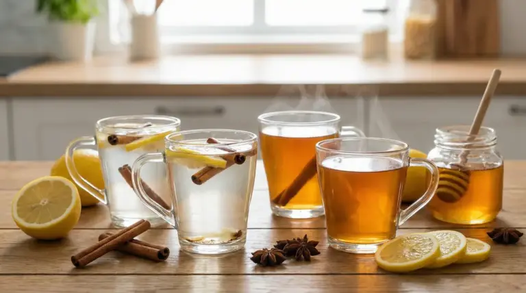 Tazze di bevande calde con limone e cannella su un tavolo di legno in una cucina luminosa