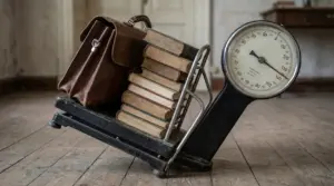 Bilancia inclinata con libri e una borsa in pelle su un pavimento in legno