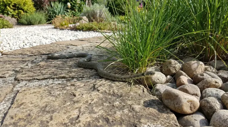 Serpente in giardino tra pietre e piante ornamentali