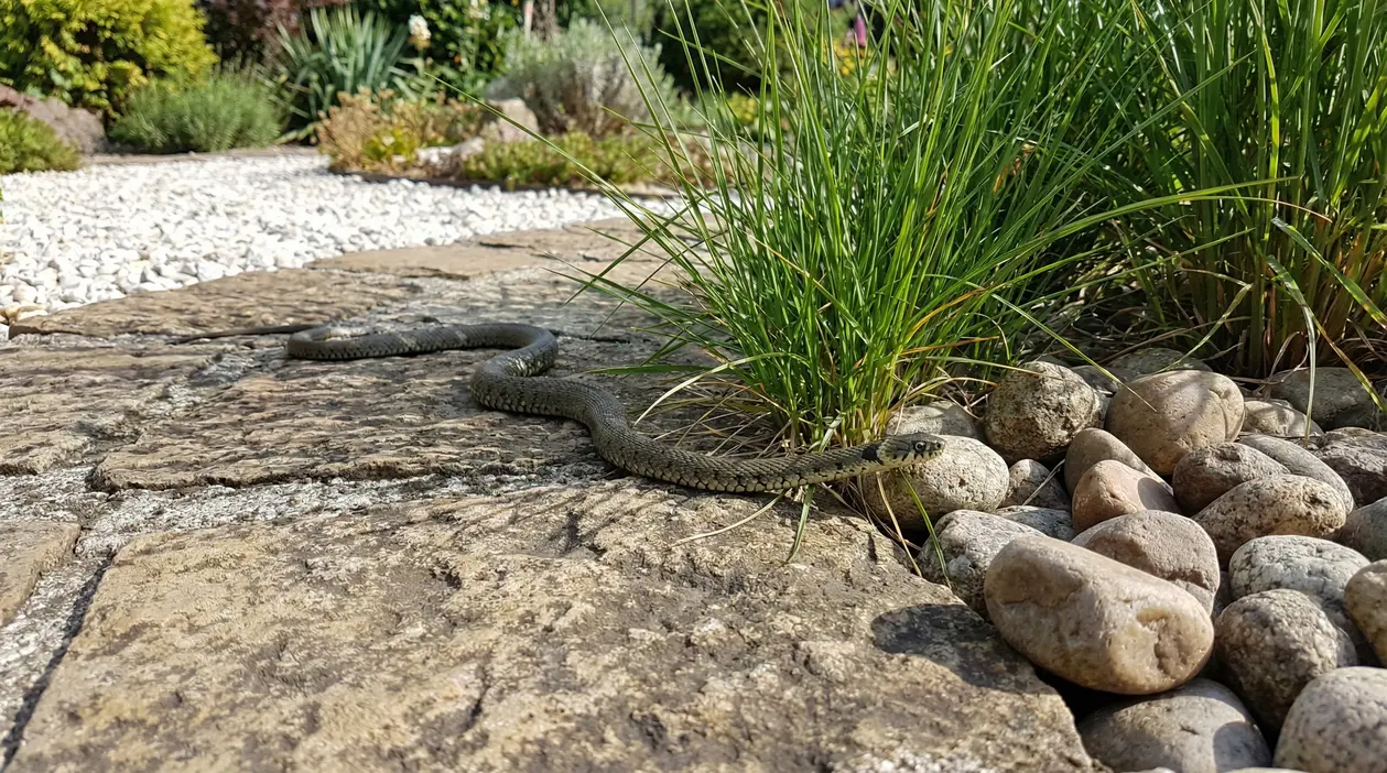 Serpente in giardino tra pietre e piante ornamentali