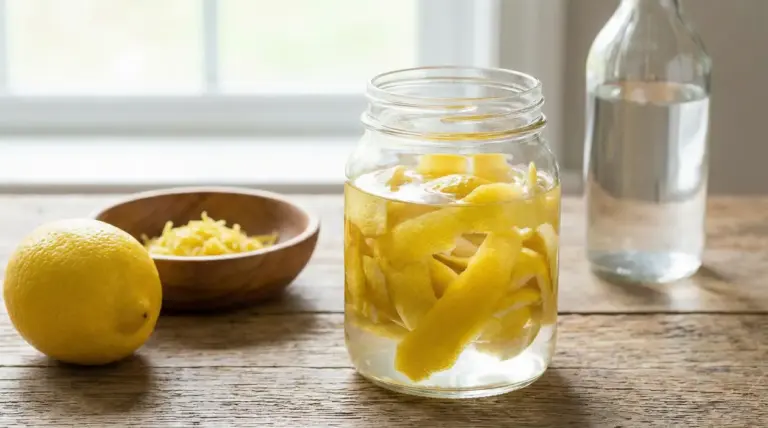 Barattolo con bucce di limone immerse in aceto su un tavolo di legno