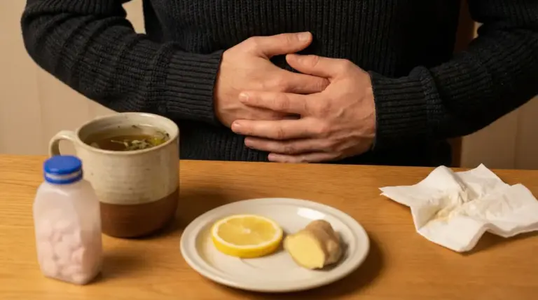 Persona con le mani sullo stomaco davanti a tisana, limone, zenzero e medicina sul tavolo