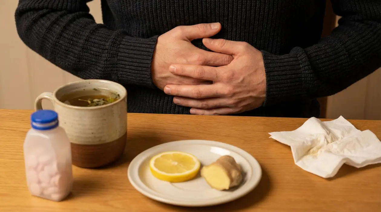 Persona con le mani sullo stomaco davanti a tisana, limone, zenzero e medicina sul tavolo