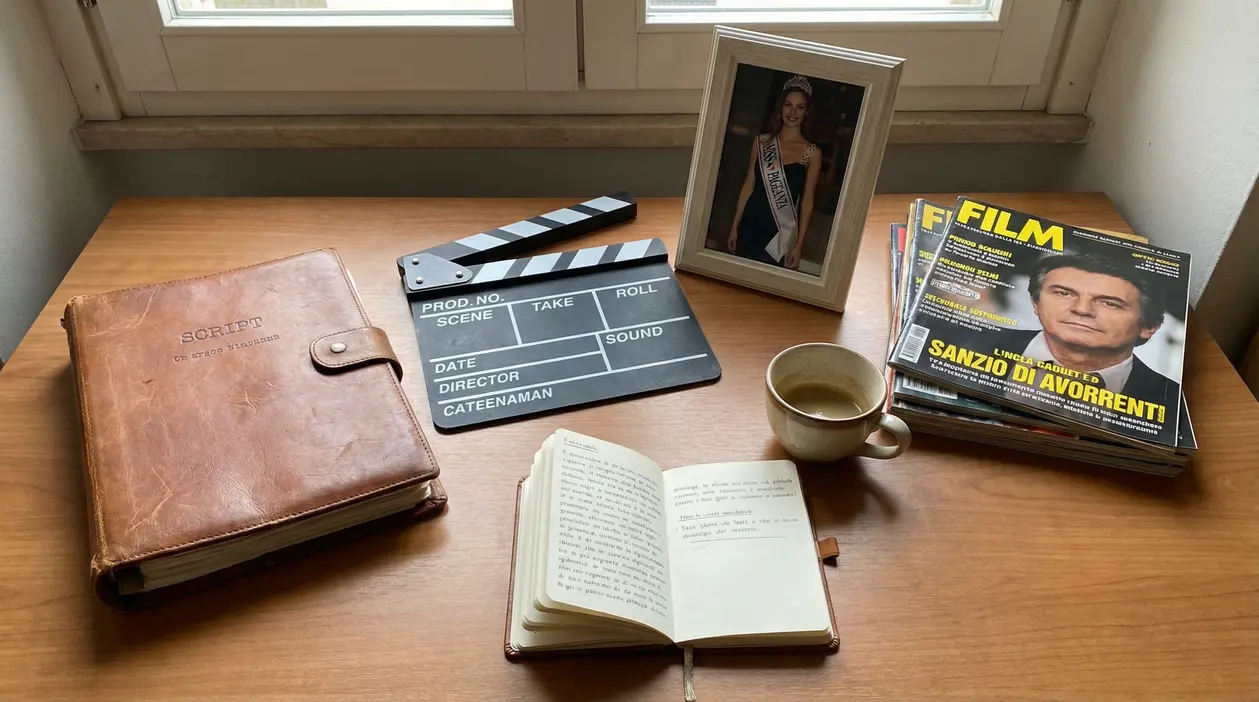 Scrivania con copione, ciak, tazza di caffè, riviste di cinema e foto incorniciata di una concorrente a un concorso di bellezza
