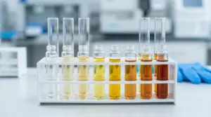 Provette con liquidi di diversi colori disposte su un supporto in un laboratorio medico