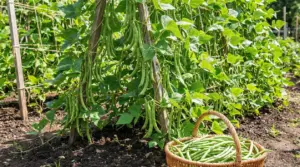 Piante di fagiolini rampicanti con baccelli maturi e un cesto pieno di fagiolini raccolti