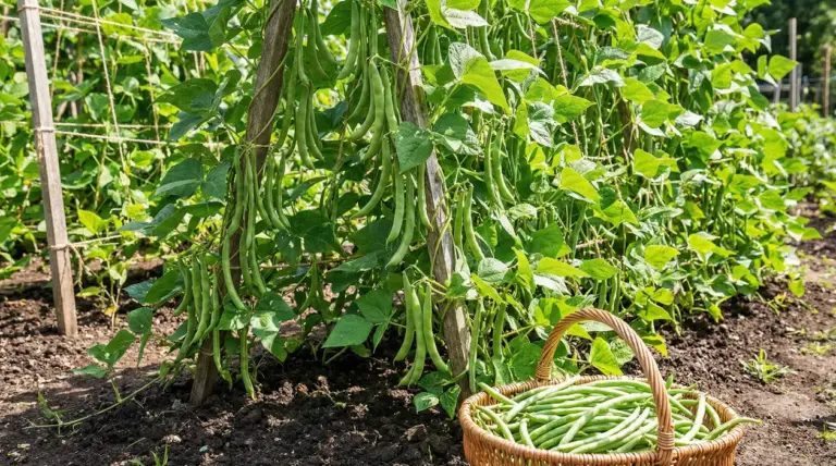 Piante di fagiolini rampicanti con baccelli maturi e un cesto pieno di fagiolini raccolti