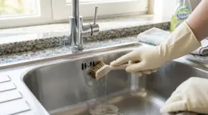 Persona con guanti pulisce il secondo foro del lavello in acciaio inox con una spazzola