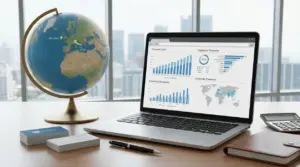 Mappamondo e laptop con grafici economici su una scrivania in ufficio.
