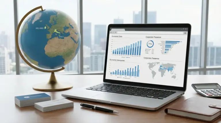 Mappamondo e laptop con grafici economici su una scrivania in ufficio.