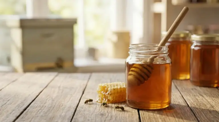 Barattolo di miele con miele colato, favi e api su un tavolo in legno
