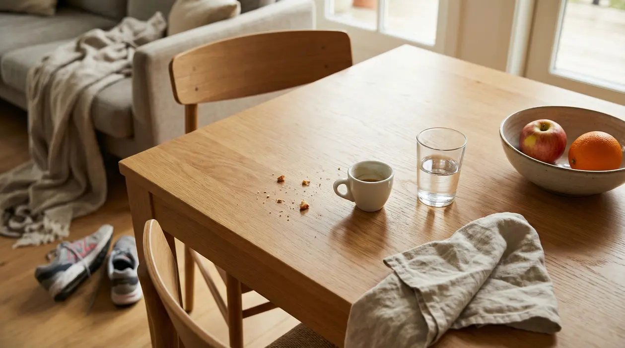 Tavolo in legno con tazza di caffè, bicchiere d'acqua, frutta e briciole dopo il pasto