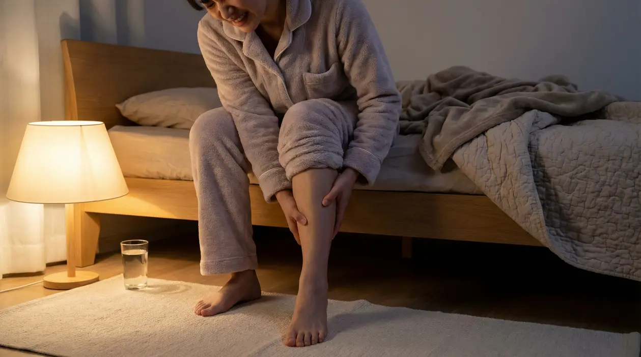 Persona seduta sul letto che si tocca il polpaccio in evidente fastidio