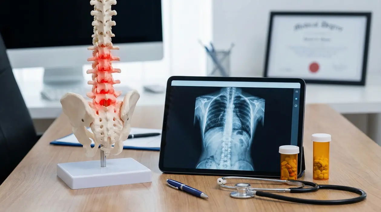 Modello di colonna vertebrale, radiografia su tablet e farmaci su una scrivania medica