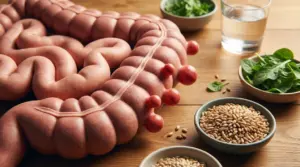 Modello del colon con diverticoli accanto a cibi ricchi di fibre come cereali integrali e verdure