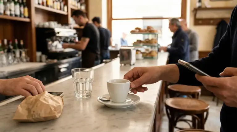 Persona al bancone di un bar con una tazzina di caffè e uno smartphone in mano