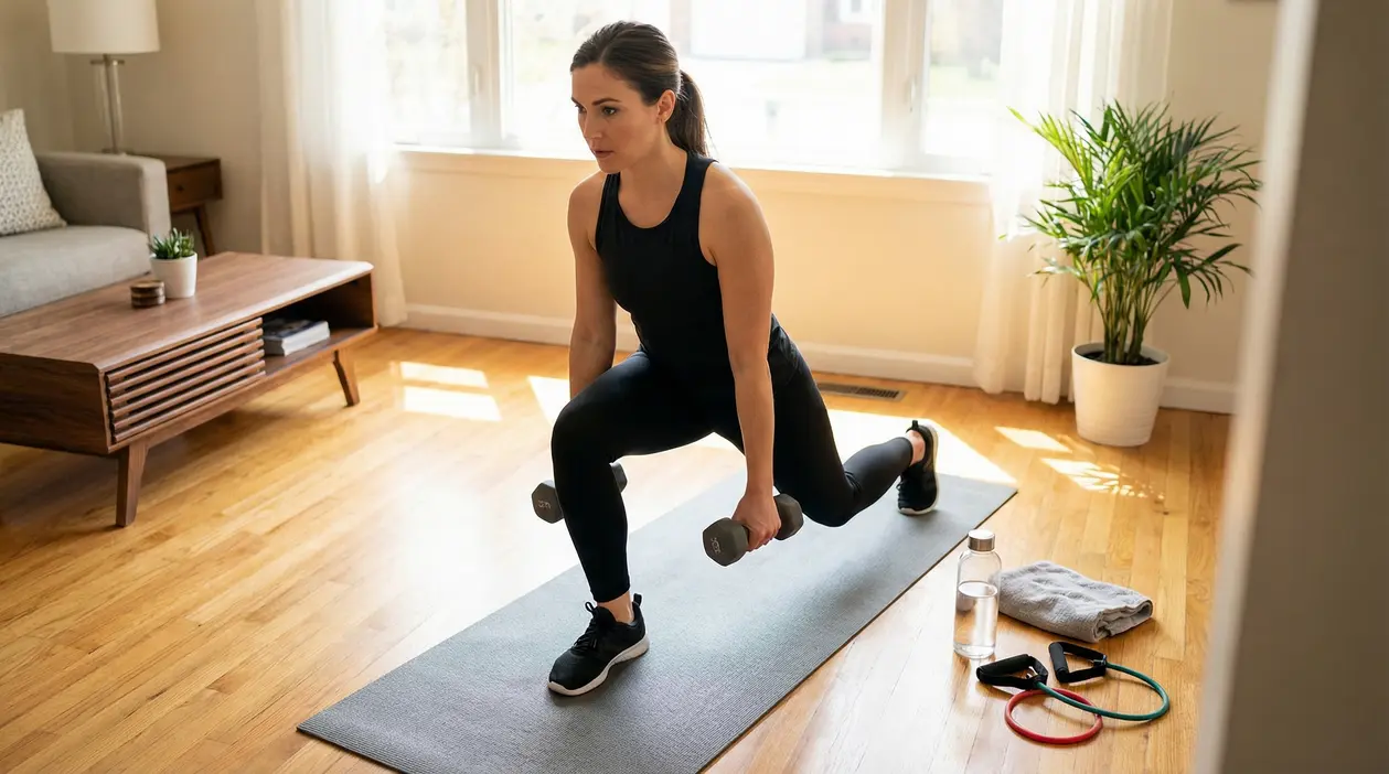 Persona che fa esercizi con manubri su un tappetino in un soggiorno luminoso