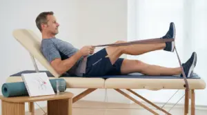 Persona che esegue un esercizio per il ginocchio con fascia elastica su lettino fisioterapico