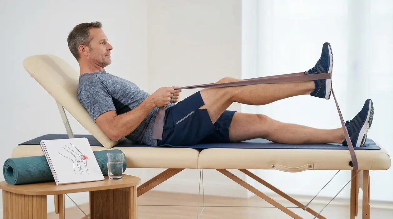 Persona che esegue un esercizio per il ginocchio con fascia elastica su lettino fisioterapico