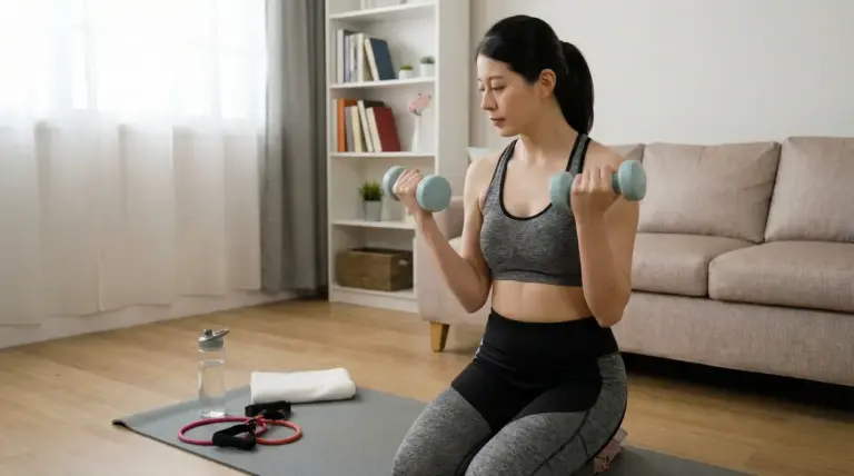 Persona che esegue esercizi per le braccia con manubri in salotto.