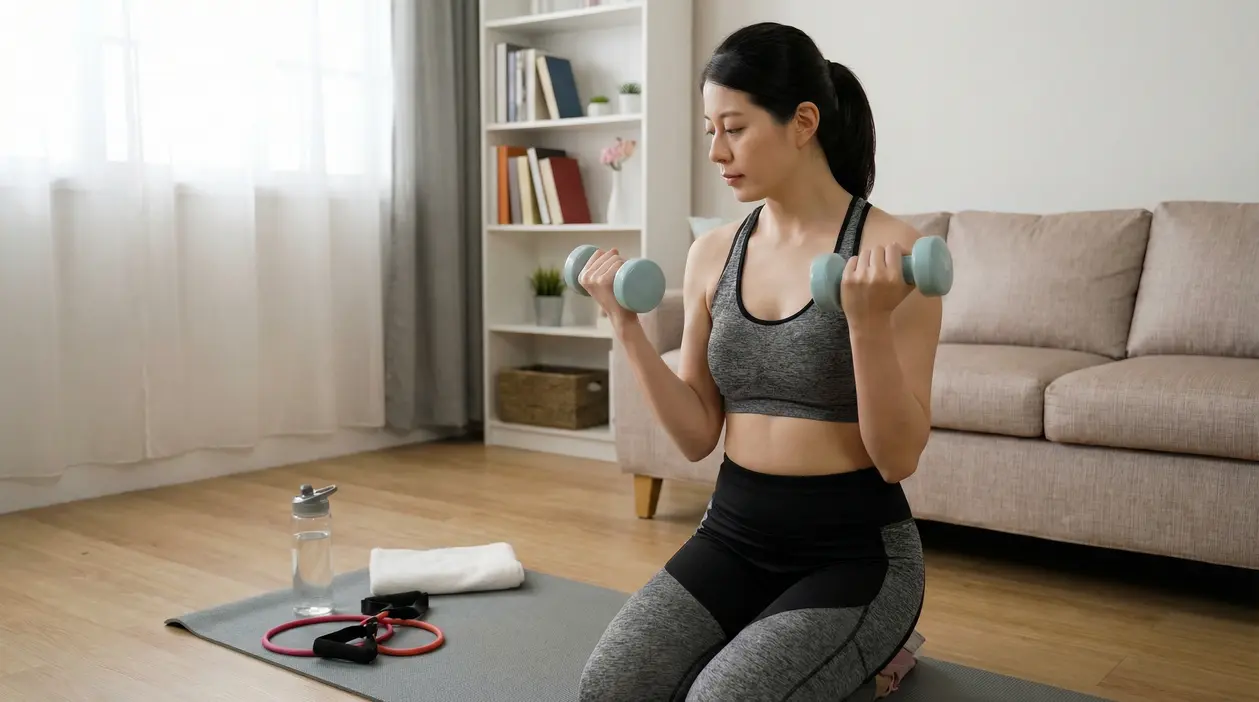 Persona che esegue esercizi per le braccia con manubri in salotto.