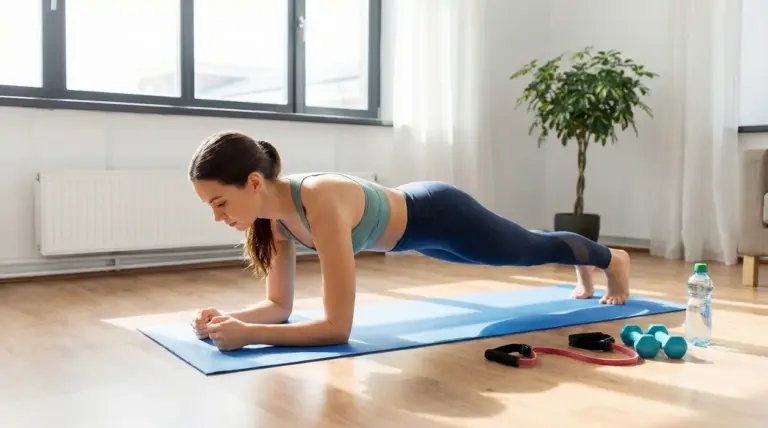Persona che esegue esercizio plank su tappetino da fitness in una stanza luminosa