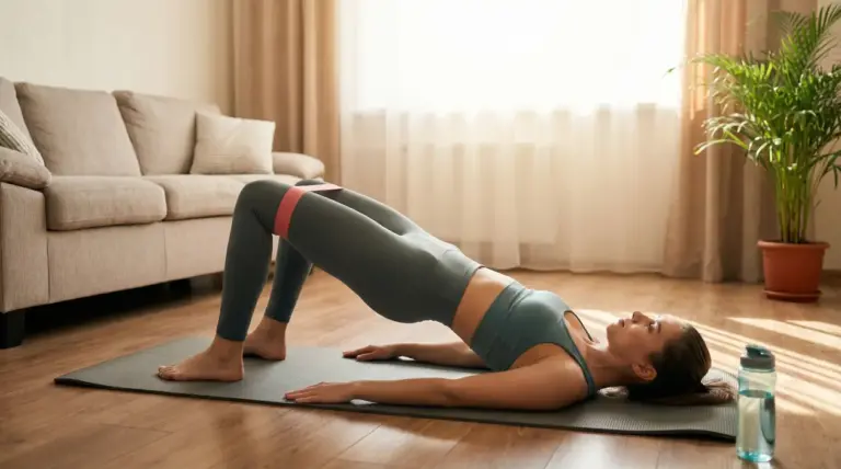 Persona che esegue esercizio per i glutei a casa su tappetino con banda elastica