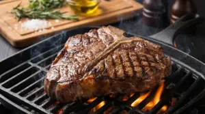 Bistecca cotta alla griglia con segni di cottura ben visibili su piastra in ghisa