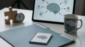 Scrivania con cartella, tazza, taccuino con cervello disegnato e tablet con schema mentale